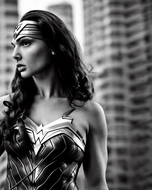 Image similar to tired angry wonderwoman portrait hd sharp monochrome technoir photo with mix of gal Gadot and Linda Carter in frank Miller Alex Ross style detailed trending on Flickr Leica Zeiss depth of field