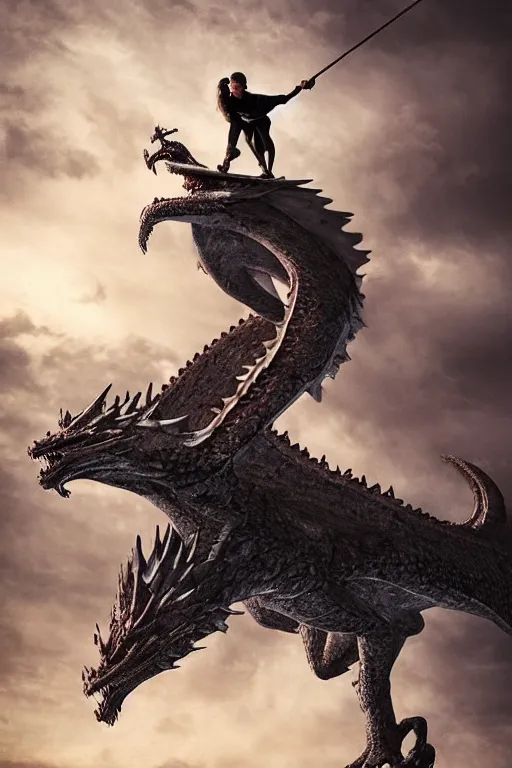 Prompt: a crossfitter riding a very large Dragon from Game of Thrones above city of Bordeaux, in the style of Game of Throne 8th season very matte colors, mysterious and misty and Dark