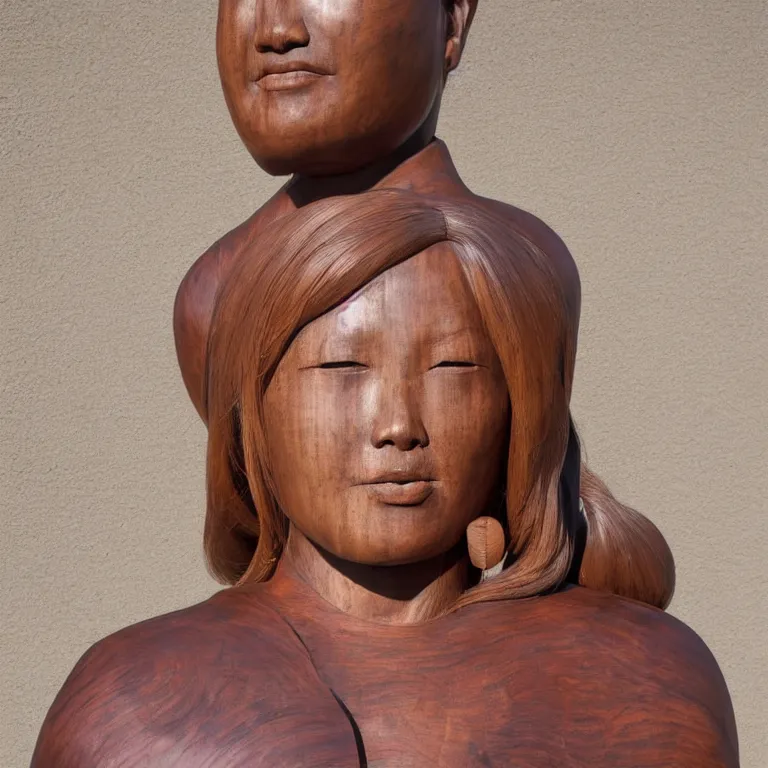 Prompt: public sculpture minimalist portrait of a powerful asian woman wearing pigtails, beautiful symmetrical face accurate face detailed face realistic proportions, carved out of mahogany wood on a pedestal by stephan balkenhol and martin puryear, hyperrealistic dramatic lighting shocking detail trending on artstation 8 k