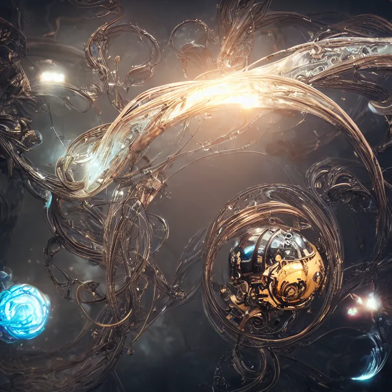 Prompt: swirling abstract cyborg parts and bio - mechanical tendrils and ornate flowing smoke streams and smooth particle effects surround a small metallic sphere, cinematic, unreal engine