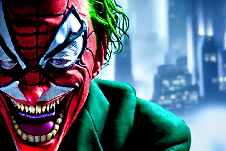 Image similar to Joker imitates Spider-Man and laughs, scary scene, top horrible creatures, horrible, horror films, film on real events, horrors filmed on camera, fangs and drool, jaw and tongue, man is terrified, fear, darkness, basement, 8k, hyper-realistic, ray tracing, night, flashlight