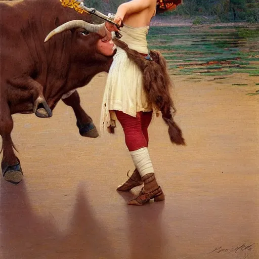 Image similar to a young girl defeating a bull with a sword, blood is splattering, highly detailed painting by gaston bussiere and j. c. leyendecker 8 k