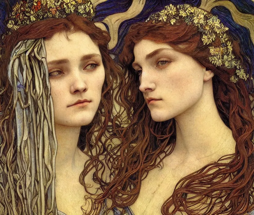 Image similar to detailed realistic beautiful young medieval queen face portrait by jean delville, alphonse mucha, vincent van gogh, and marco mazzoni, art nouveau, symbolist, visionary, gothic, pre - raphaelite