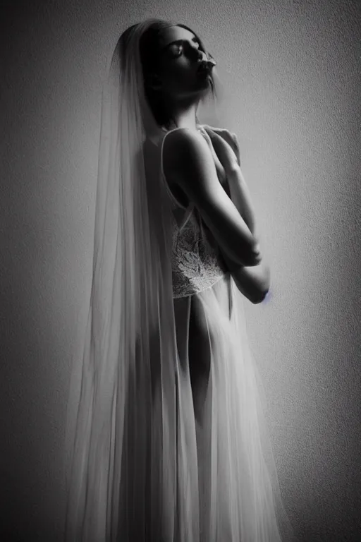 Image similar to emotionnal shot. fragile shy woman looking like Kendall Jenner with sheer dress with plunging neckline and lace sleeves. award-winning fashion photography. intimate and vulnerable lighting. 130mm bw fashion photography .