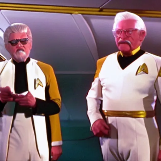 Prompt: A still of Colonel Sanders as a Captain Kirk on Star Trek