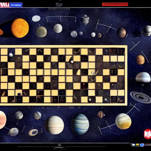 Image similar to a solar system layout like a chessboard, highly detailed digital art but as photography, marvel cinematic, 4 k, studio lighting, wide angle shot, panoramic