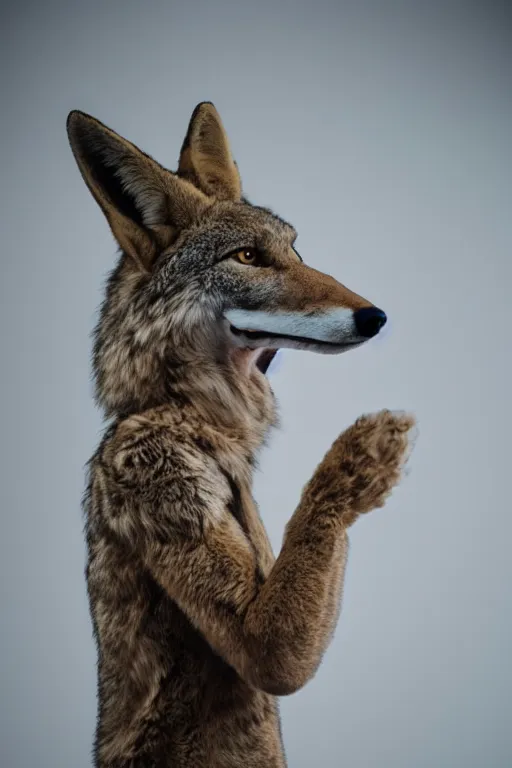 Prompt: furry anthro anthropomorphic portrait of a coyote head animal person fursona standing in a plain white room professional studio photo