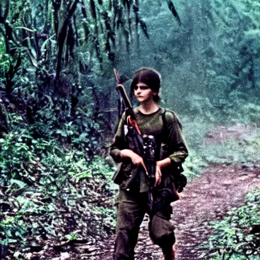 Prompt: film still, close up, emma watson soldier hiking through dense vietnam jungle, mist, film still from apocalypse now ( 1 9 7 9 ), 2 6 mm, kodak ektachrome, blue tint ektachrome film,