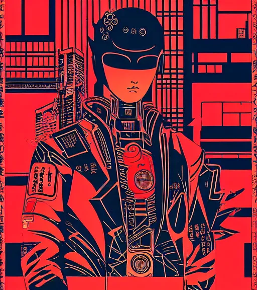 Image similar to futuristic japanese cyberpunk bladerunner silk screen by utagawa yoshiiku, ohara koson, pixiv contest winner, cyberpunk style, cyberpunk color scheme, mechanical, robotic, human machine interface, high resolution, hd