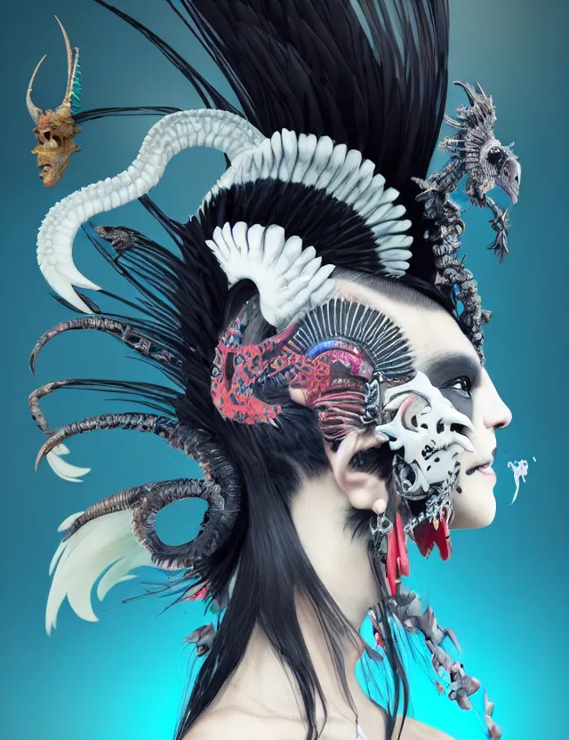 Image similar to 3 d goddess close - up profile simple portrait punk with mohawk with goat skull. beautiful intricately detailed japanese crow kitsune mask and clasical japanese kimono. betta fish, jellyfish phoenix, bio luminescent, plasma, ice, water, wind, creature, artwork by tooth wu and wlop and beeple and greg rutkowski