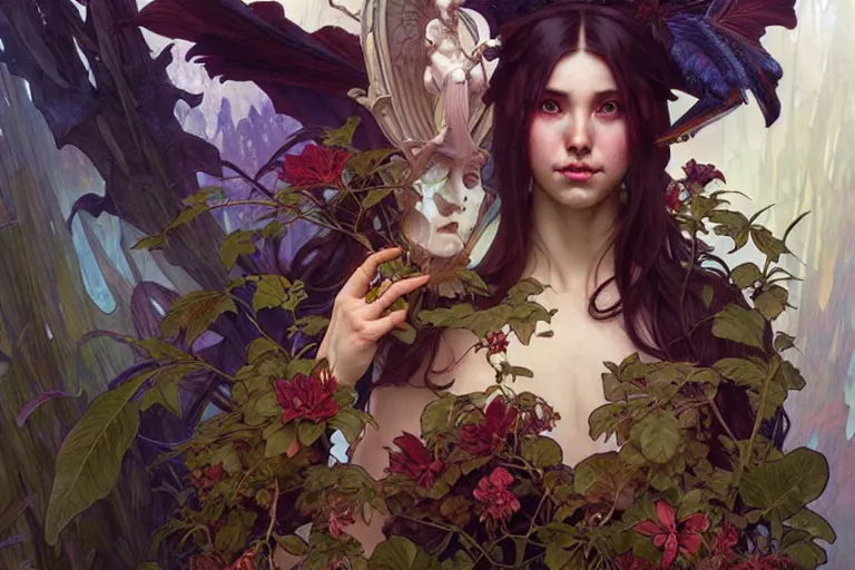 Image similar to ubermench, machiavellian garden, d & d, fantasy, ego death, decay, dmt, psilocybin, art by artgerm and greg rutkowski and alphonse mucha