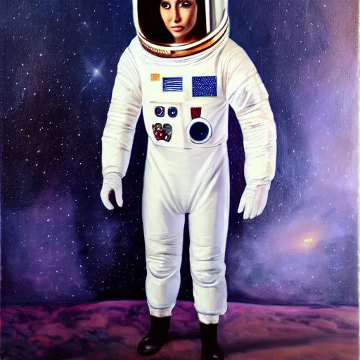 Image similar to fashion model in futuristic astronaut suit, full body portrait, hyperrealism oil painting