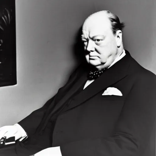 Image similar to A black and white photograph, circa 1940s, of Winston Churchill looking down at his smartphone