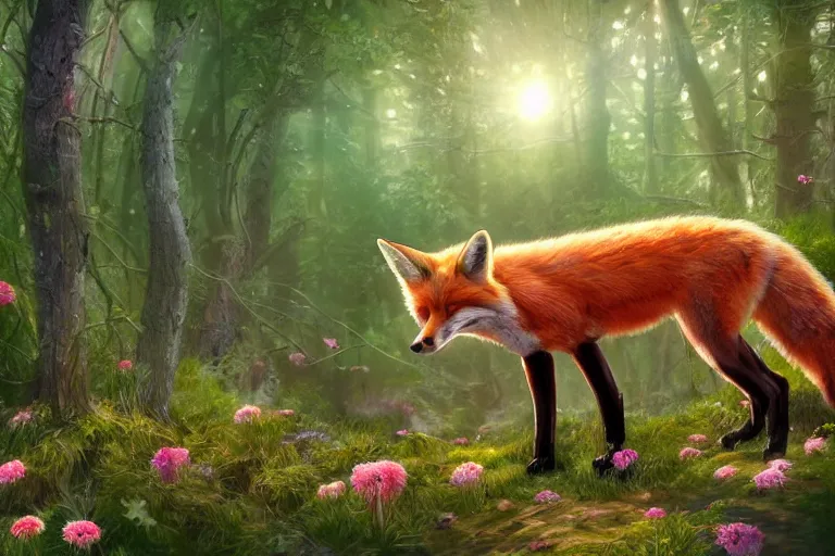 Prompt: a wide angle shot of a beautiful fox in the forest covered in flowers, sunlight beaming down, highly detailed brush style, soft fur, two pointed ears, thick fluffy tail, beautiful lighting, wildlife, digital art, trending on ArtStation