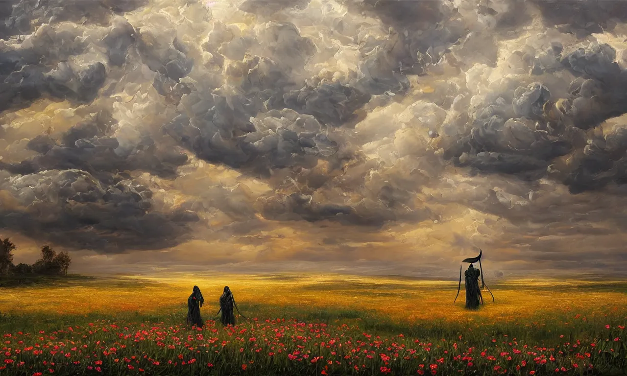 Image similar to breathtaking oil painting with palette knife of a plains landscape in luxurious nature, with intricate art nouveau moody dark tumultuous clouds, at dawn with roses and golden petals flying, grim reaper silhouette with scythe, concept art, matte, by krista schumacher and georgia hart,