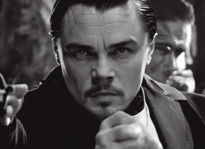 Image similar to an action scene from the movie scarface, medium long shot, costumes from peaky blinders, filmed in the dark woods, a cabin in the background, leonardo dicaprio and daniel day - lewis, sharp eyes, serious expressions, detailed and symmetric faces, black and white, cinematic, epic,