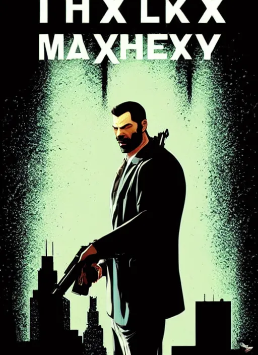 Prompt: poster artwork by Michael Whelan and Tomer Hanuka, a portrait of Max Payne in Deus Ex Human Revolution, clean
