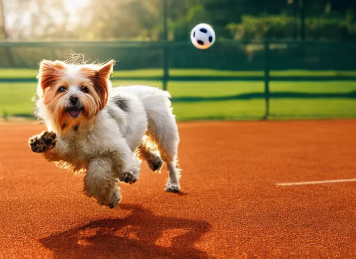 Image similar to a dog running after a tennis ball, soccer field in the background, warm colours, in sun light, national geography magazine cover photo, 8 k