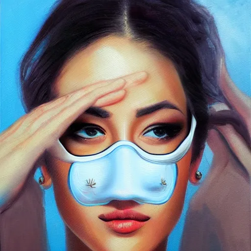 Image similar to medical heating eye - bag eye - mask, medical, eye - cover, in the glamour style, oil painting, high definition, airbrush,