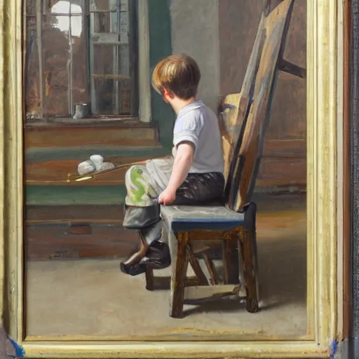 Prompt: A boy sitting on a chair and painting a factory on a canvas,