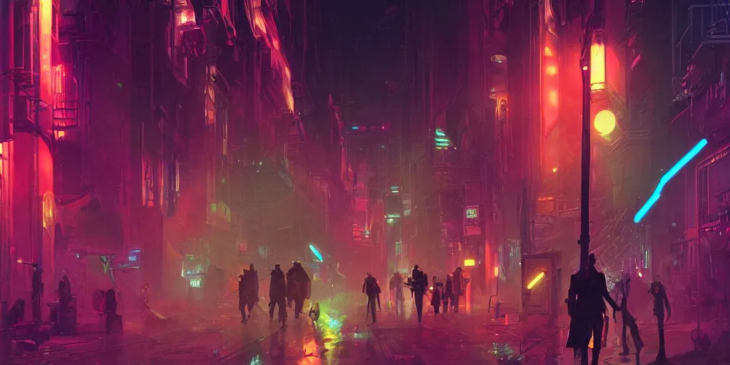 Prompt: futuristic steampunk alley , dark tall people, night, colored neons, mist, video screens, street lights, cinematic, star wars, illustration by moebius and Bill Sienkiewicz