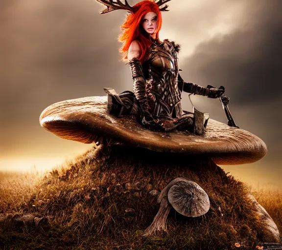 Prompt: a photo of an armored woman warrior redhead with antlers sitting on a giant mushroom that covers a whole village and reaches above the clouds by luis royo. intricate. lifelike. soft light. sony a 7 r iv 5 5 mm. cinematic post - processing