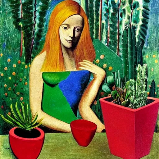 Prompt: painting by Max Ernst of a beautiful blonde woman with shoulder length hair in a forest green dress putting colorful succulents into rainbow pots at a square table