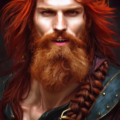 Image similar to portrait of a young ruggedly handsome but joyful pirate, male, masculine, upper body, red hair, long hair, d & d, fantasy, piercing gaze, sharp features, intricate, elegant, highly detailed, digital painting, artstation, concept art, matte, sharp focus, illustration, art by artgerm and greg rutkowski and alphonse mucha