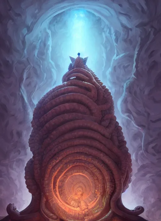 Prompt: megalophobia man looking up at a gigantic tentacle monster coming from a stone statue face in the wall, detailed dynamic composition, dramatic lighting, trending on artstation, award winning art, stylized painting, by artgerm and greg rutowski dungeons and dragons