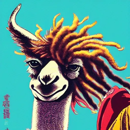 Image similar to llama with dreadlocks, heroic pose, by Katsuhiro Otomo, 4k, with beautiful colors