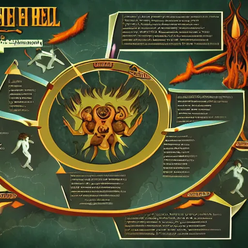 Image similar to infographic, map of the seven levels of hell, epic, tartarus, elysium, hades, marginalia