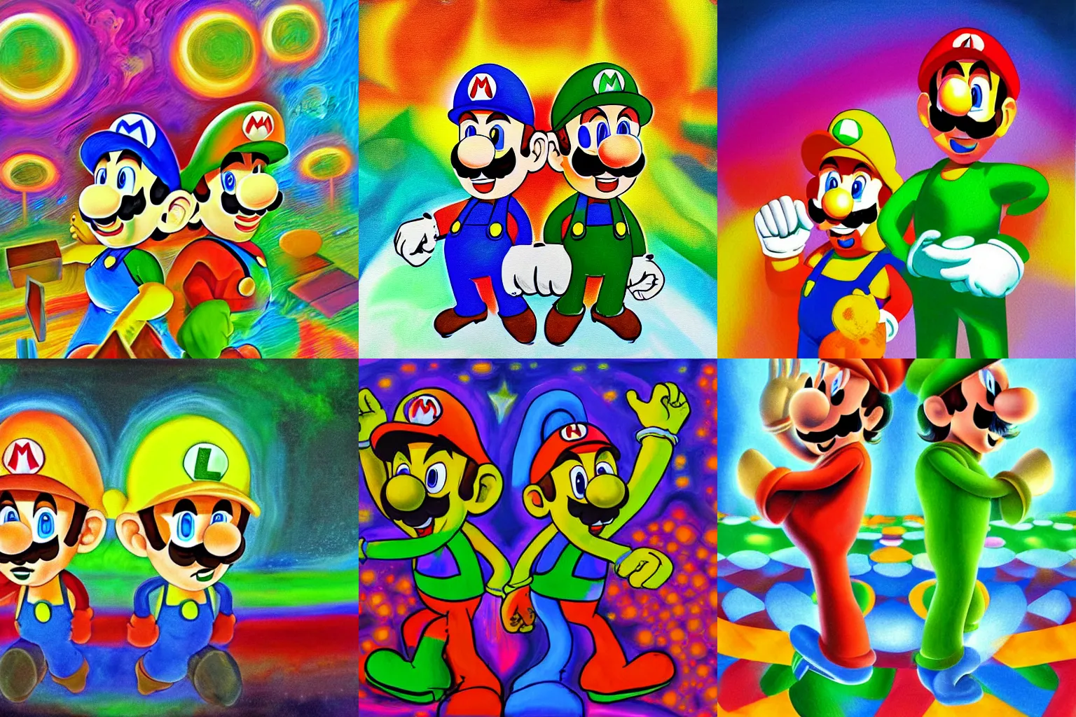 Prompt: A psychedelic painting of mario and luigi