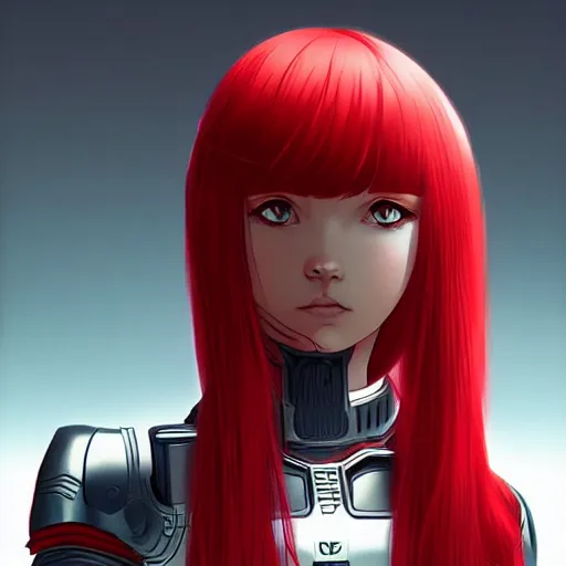 Prompt: girl in a futuristic armor with red hair by Ilya Kuvshinov