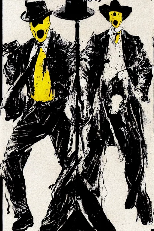 Image similar to Rorschach and The Comedian aka Edward Morgan Blake from the movie Watchmen painted by Norman Rockwell, Greg Rutkowski and Dave Gibbons, Sadamoto Yoshiyuki, Yoki Shinkawa, high detailed perfect faces, trending on Artstation, page scan from book, watchmen comics color scheme, noisy film grain effect, super wide shot, 30mm, intricate, fine details, trending on artstation,