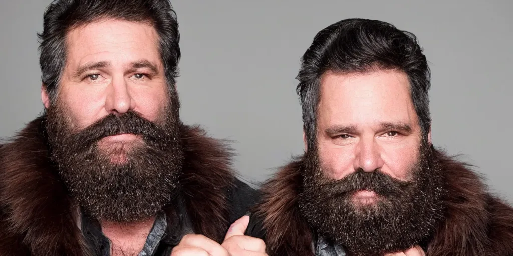 Prompt: a middle - aged burly lumberjack with a beard, dark hair, wearing a fur coat