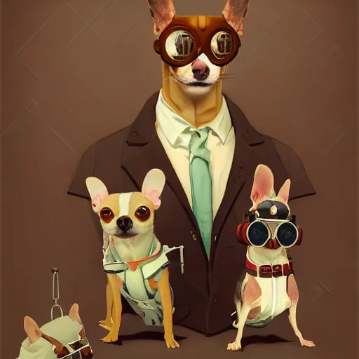 Prompt: ripped physique goggles collar leash Man Steampunk portrait Sherlock Patrick Bateman snout Detective Anthropomorphic furry fuzzy fashion vogue Chihuahua man wearing a Chihuahua costume wearing an artificer costume gerald brom bastien grivet greg rutkowski norman rockwell portrait face head snout ears eyes illustration tombow