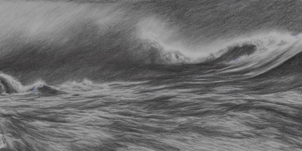 Image similar to a drawing of a tsunami hitting san francisco, realism, 3 d, terror, intense,