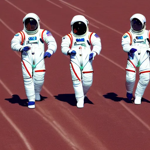 Image similar to 5 space astronauts in spacesuits of different colors, running in a relay race in a stadium, olympic games