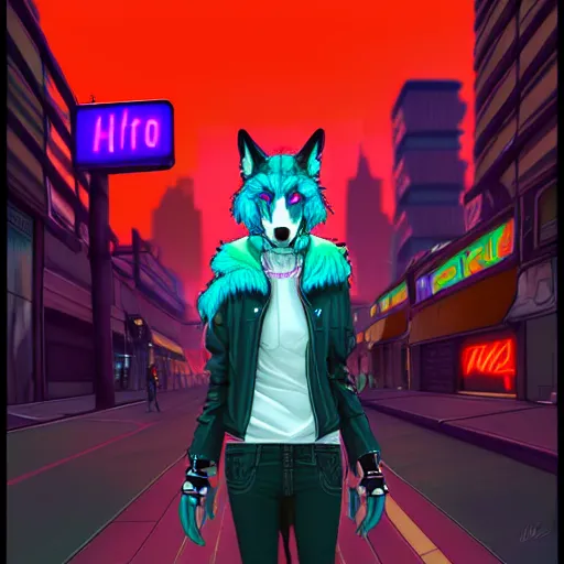 Image similar to beautiful furry digital art portrait commission of an androgynous furry anthro wolf fursona wearing punk clothes in the streets of a cyberpunk city. neon signs. character design by charlie bowater, ross tran, artgerm, and makoto shinkai, detailed, inked