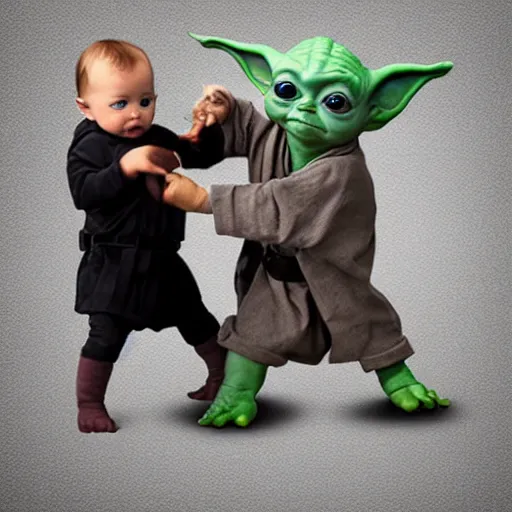 Prompt: baby yoda fighting baby Darth vader