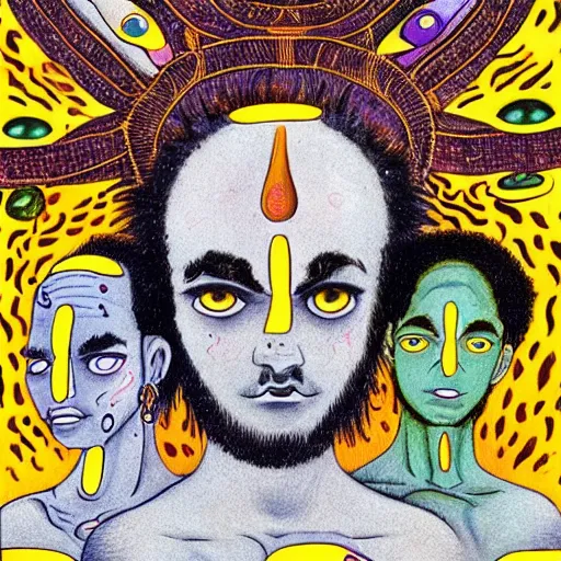 Prompt: three eyed gods, third eye middle of forehead, wide wide shot, very hairy bodies, vivid colors, eye in forehead, beautiful lighting