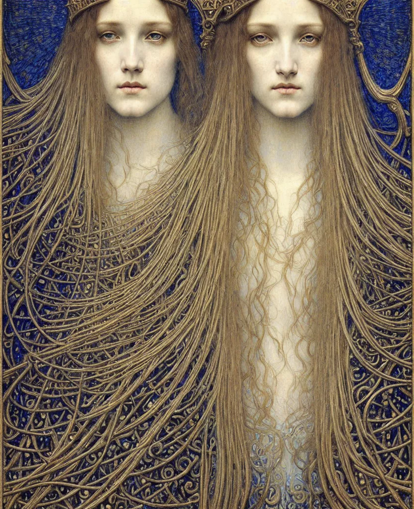 Image similar to detailed realistic beautiful young medieval queen face portrait by jean delville, gustave dore and marco mazzoni, art nouveau, symbolist, visionary, gothic, pre - raphaelite. horizontal symmetry