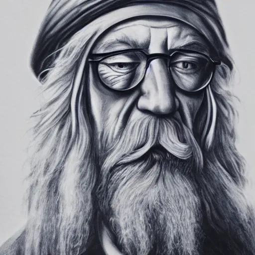Prompt: face portrait of gandalf wearing sunglasses, fire in the background