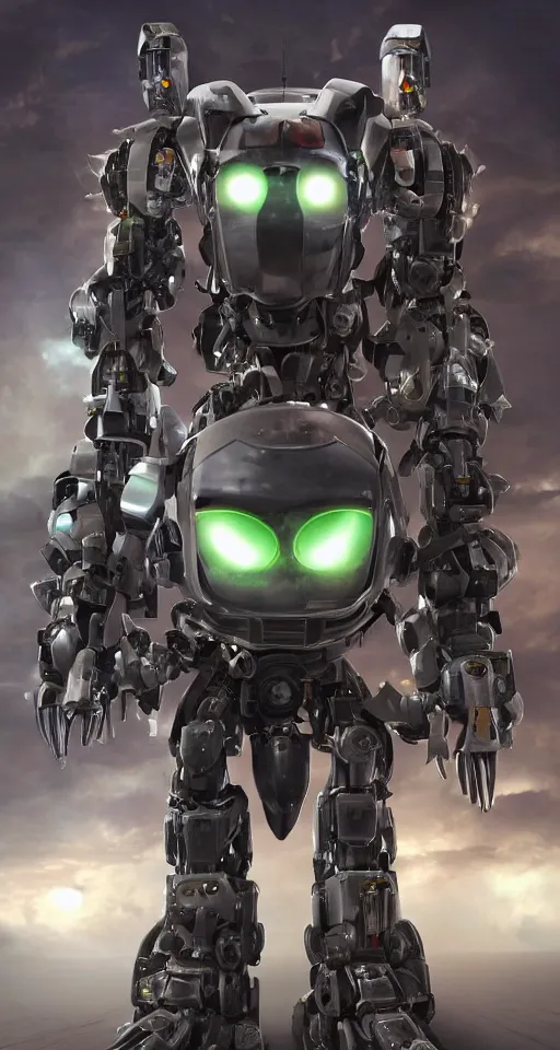 Image similar to a _ full _ body _ shot _ of _ an _ imposing _ cyborg mecha gorrila modeled _ after _ a _ futuristic solar punk technology mecha suit _ with _ glowing _ eyes _ with _ glowing _ eyes _ looking _ into _ the _ camera _ android _ cyborgglowin.