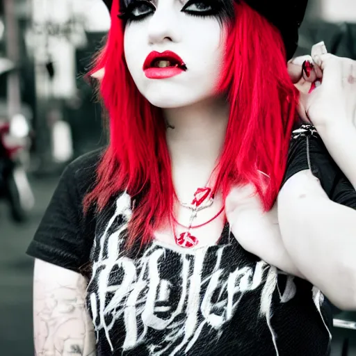 Prompt: portrait of a scene girl, emo outfit, black band t - shirt, red and black blocked blouse, white cap, makeup, jewelry