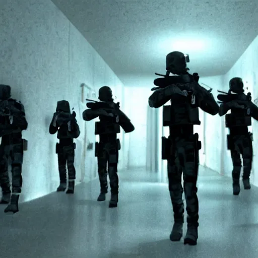 Prompt: cinematic award winning movie scene of mtf scp soldiers aiming at scp - 0 9 6 escaping containment with mtf scp soldiers with guns aiming, creepy room, 8 k, realistic, highly detailed