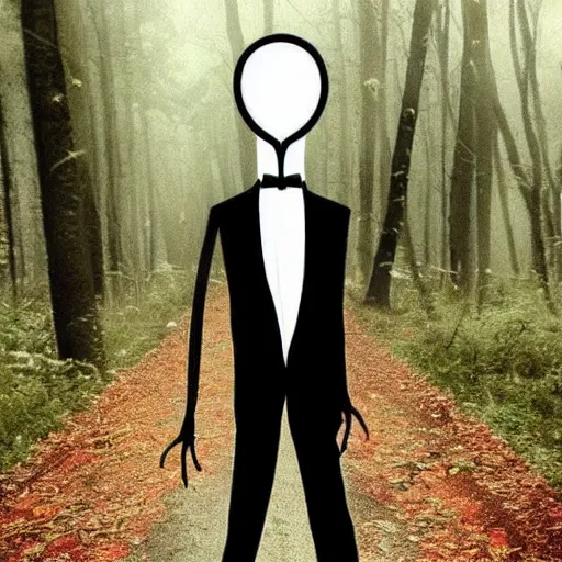 Image similar to slenderman walking with a 20 years women!! throw forest