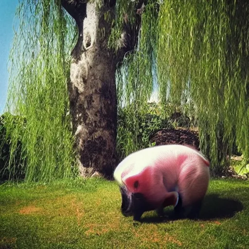 Image similar to “ cute buddha - like pig meditating on top of a large mushroom, large willow tree in the background. ”