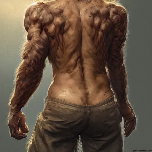 Prompt: back portrait of a rugged ranger, full body, hairy torso, half up half down, D&D, fantasy, intricate, elegant, highly detailed, digital painting, artstation, concept art, matte, sharp focus, illustration, art by Artgerm and Greg Rutkowski and Alphonse Mucha