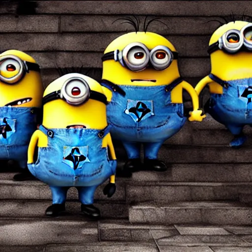 Image similar to haunted minions from minions, scary scene